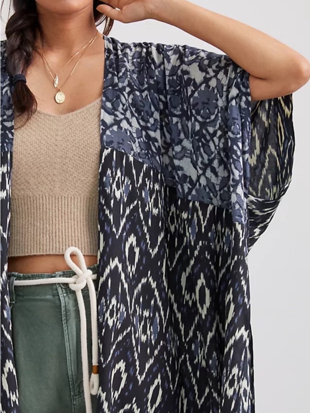 Anthropologie Navy and Cream Patterned Kimono Tunic